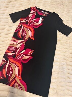 CHICO’S Black Mini Dress with Red Floral Panel